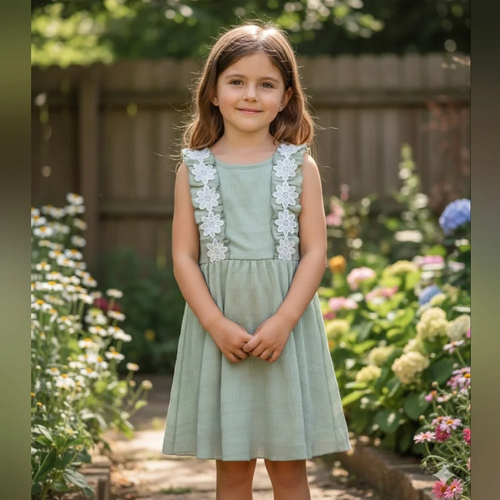 Girl's Sage Green Ruffle Dress Floral Sundress Lightweight Summer Outfit 6-7Y
